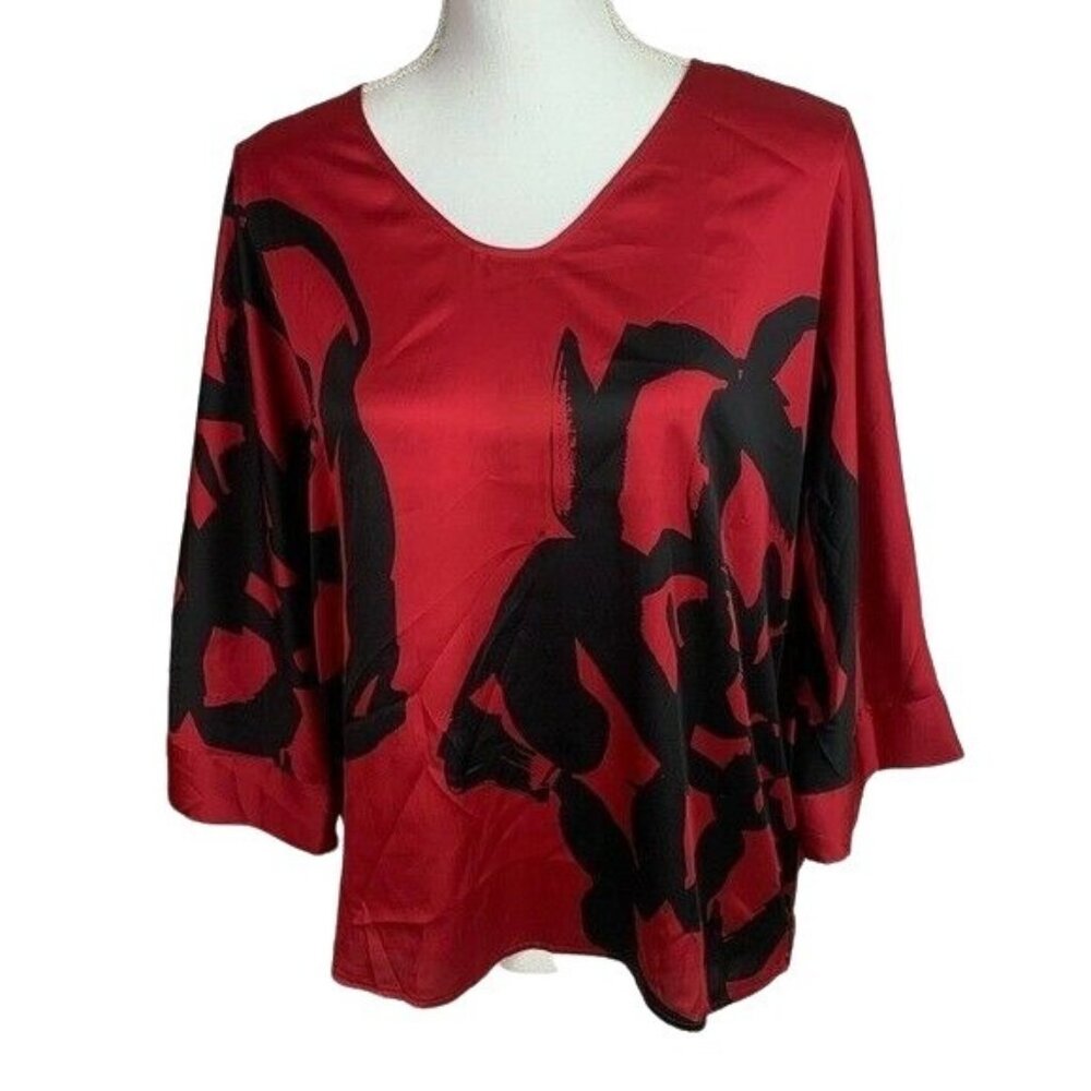 Chico’s  Red Satin Rounded Neck Dolman Sleeve Blouse Size Medium